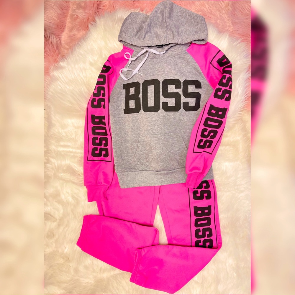 Pink, Grey & Black Sweatsuit - Boss Lady